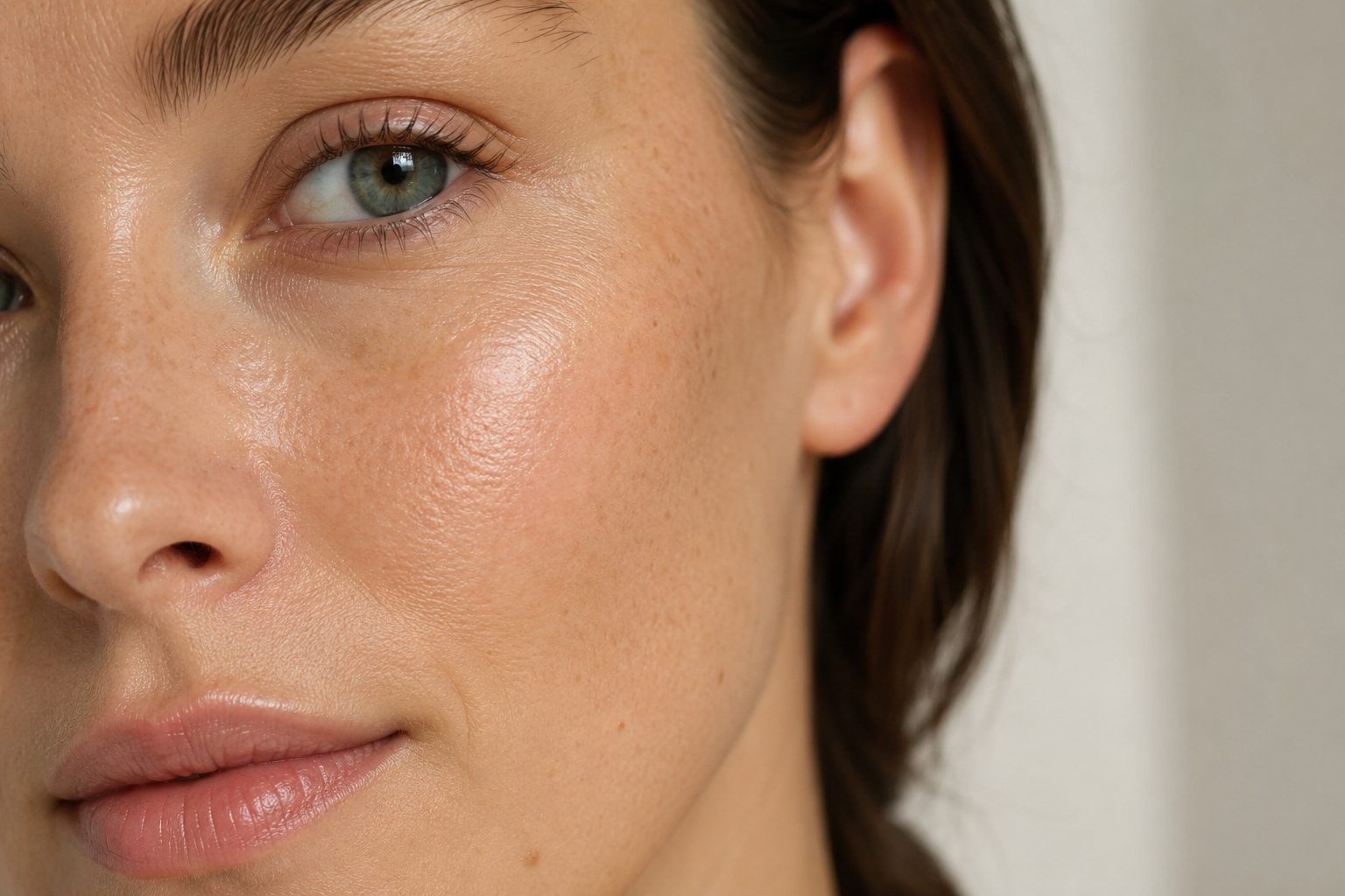 Calidad de piel y tratamientos sutiles Detalle natural de piel luminosa para explicar Skinboosters y polinucleótidos sin cambiar los rasgos faciales