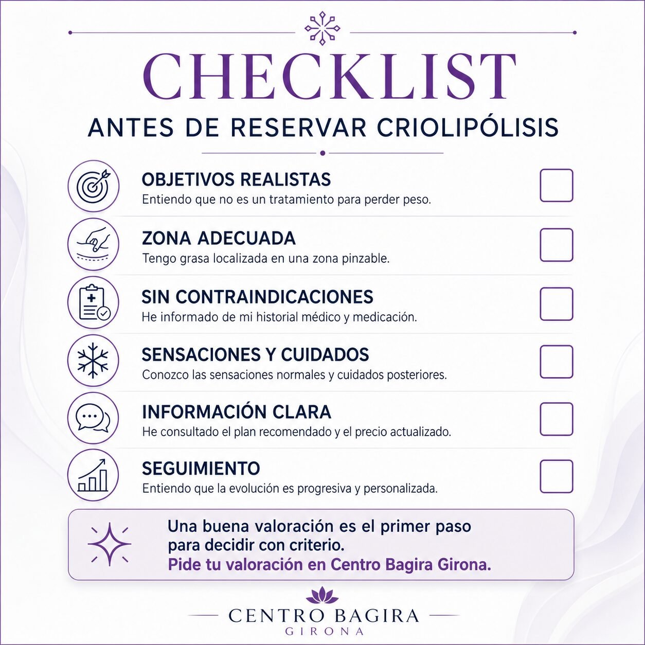 Checklist antes de reservar criolipólisis Checklist antes de reservar criolipólisis: expectativas, zona, contraindicaciones, cuidados y precio