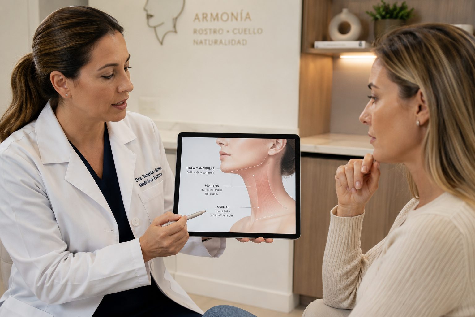 Platisma y armonía rostro-cuello Explicación médica del platisma, cuello y línea mandibular en consulta de medicina estética avanzada