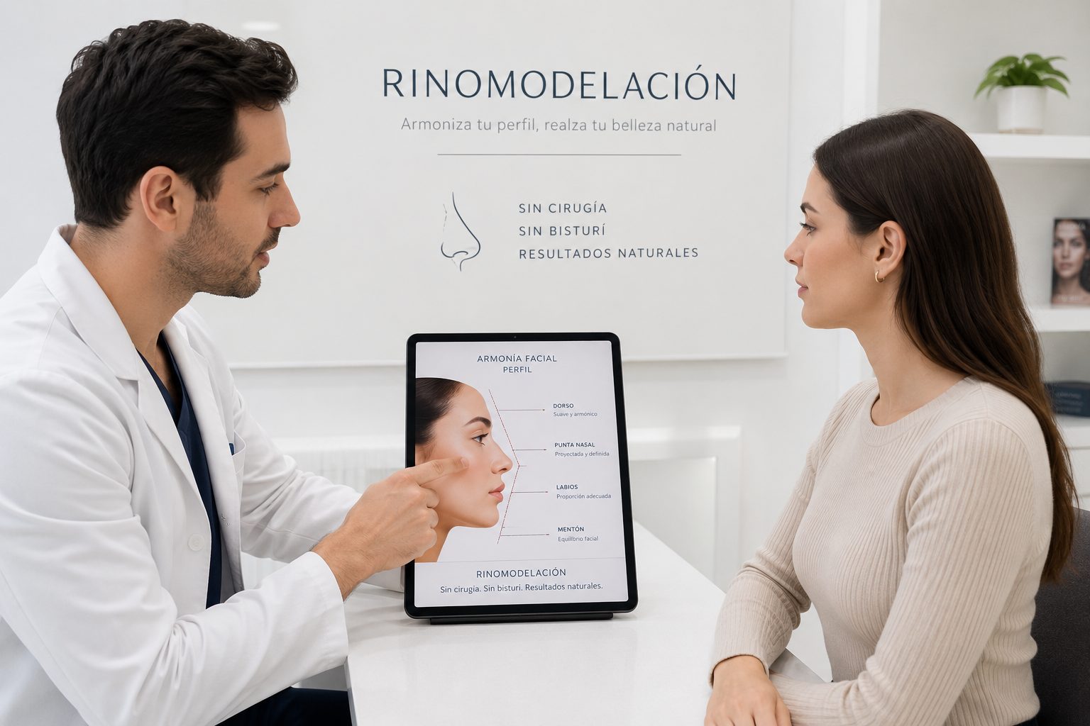 Valoración de perfil nasal Perfil nasal explicado en consulta médica para valorar rinomodelación sin cirugía en casos seleccionados
